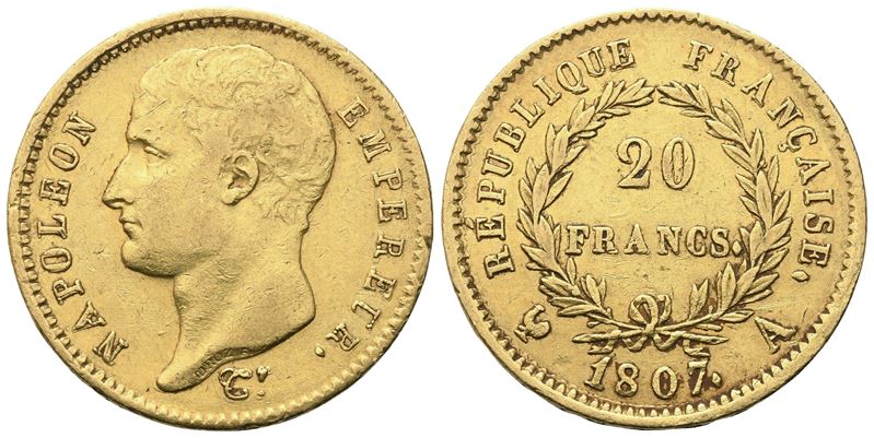 Napoleone I Imperatore (1804-1815), 20 Franchi 1807, Parigi, moneta francese in oro