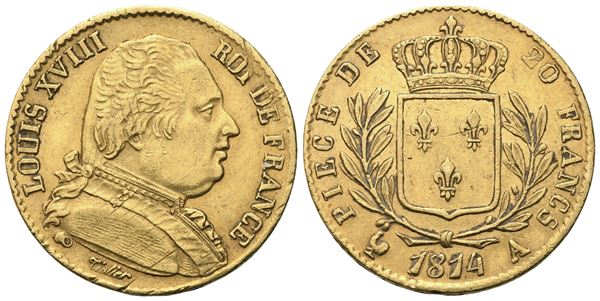 FRANCIA. Luigi XVIII (1814-1824). 20 Franchi 1814, Parigi; Au (6,45 g; 20,5 mm)