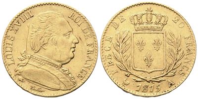 Luigi XVIII, 20 Franchi 1815 (Parigi), busto e scudo coronato
