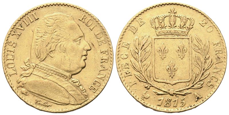 Luigi XVIII, 20 Franchi 1815 (Parigi), busto e scudo coronato