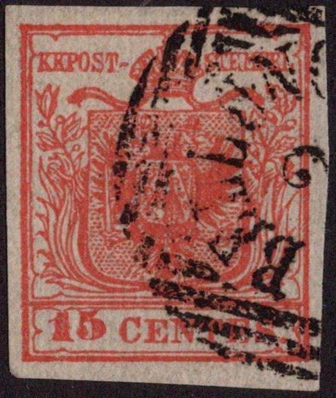 Lombardo Veneto - Carta costolata, 15 cent. II tipo.