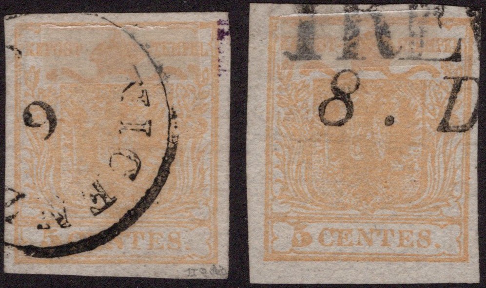 Lombardo Veneto - 5 cent. le due stampe recto verso n.13 e 13A