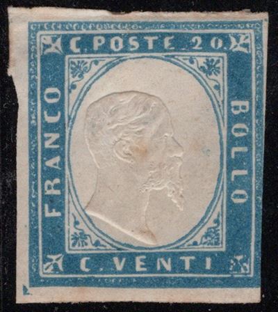 Sardegna, IV emissione, 20 centesimi celeste, tiratura del 1855, nuovo con gomma