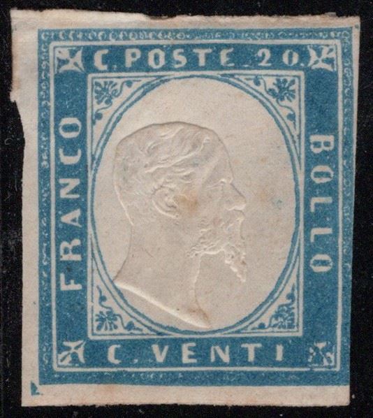 Sardegna, IV emissione, 20 centesimi celeste, tiratura del 1855, nuovo con gomma