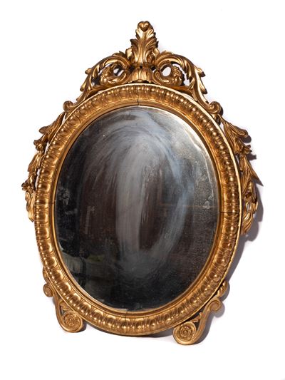 Specchiera ovale napoletana, legno intagliato e dorato, XIX secolo