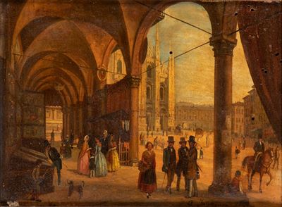 Piazza Duomo a Milano, olio su tavola