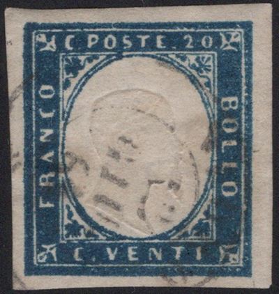 Sardegna, IV emissione, 20 centesimi in cobalto verdastro scuro, n. 15Df