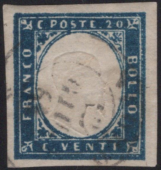Sardegna, IV emissione, 20 centesimi in cobalto verdastro scuro, n. 15Df