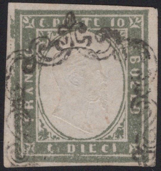 Sardegna - IV emissione, 10 cent. oliva grigio verdastro con annullo a ''ferro di cavallo''.