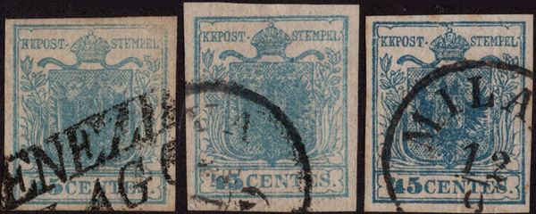 Lombardo veneto - Carta Costolata, 45 cent. in tre diverse tonalità.