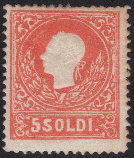 Lombardo veneto - II emissione, 5 soldi nuovo con gomma, MH