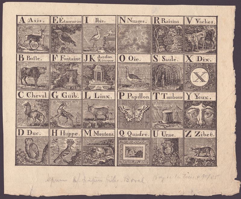Anonimo incisore francese del XVIII secolo, Alfabeto (bulino e acquaforte)