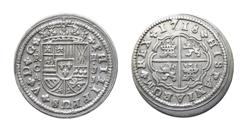 Spagna, Filippo V, 2 Reales 1718, Cuenca (argento)