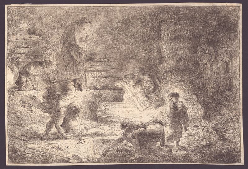 Giovanni Benedetto Castiglione il Grechetto - Tobia seppellisce i defunti, acquaforte