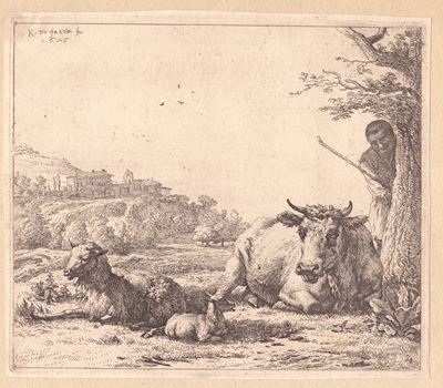 Paesaggio con gregge e un pastore dietro un albero e Cani da caccia dormienti, acquaforte