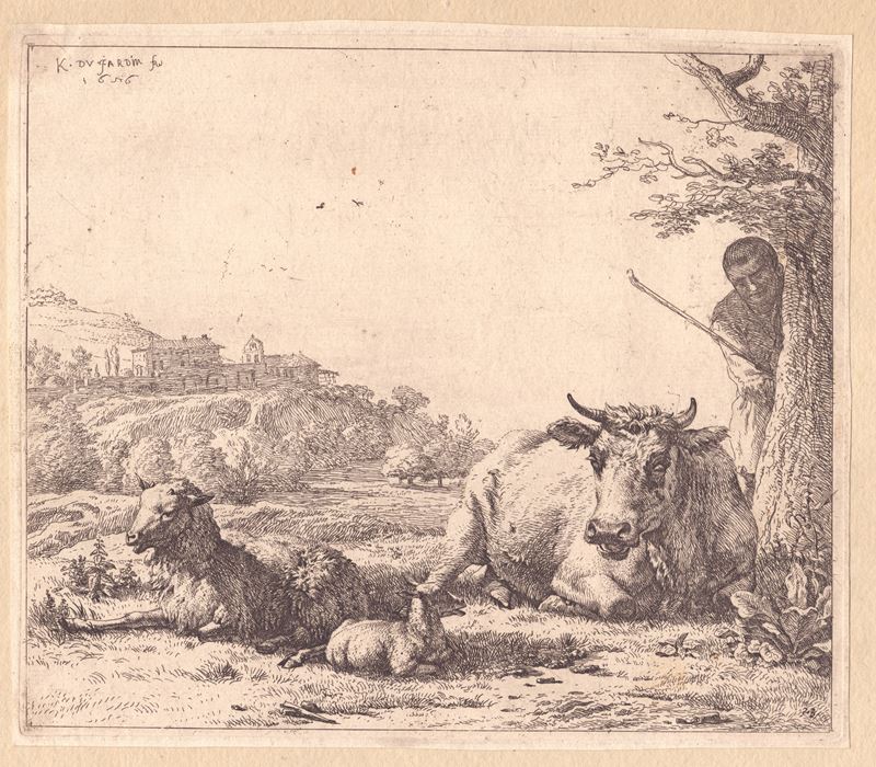 Karel Dujardin - Paesaggio con gregge e un pastore dietro un albero e Cani da caccia dormienti, a...