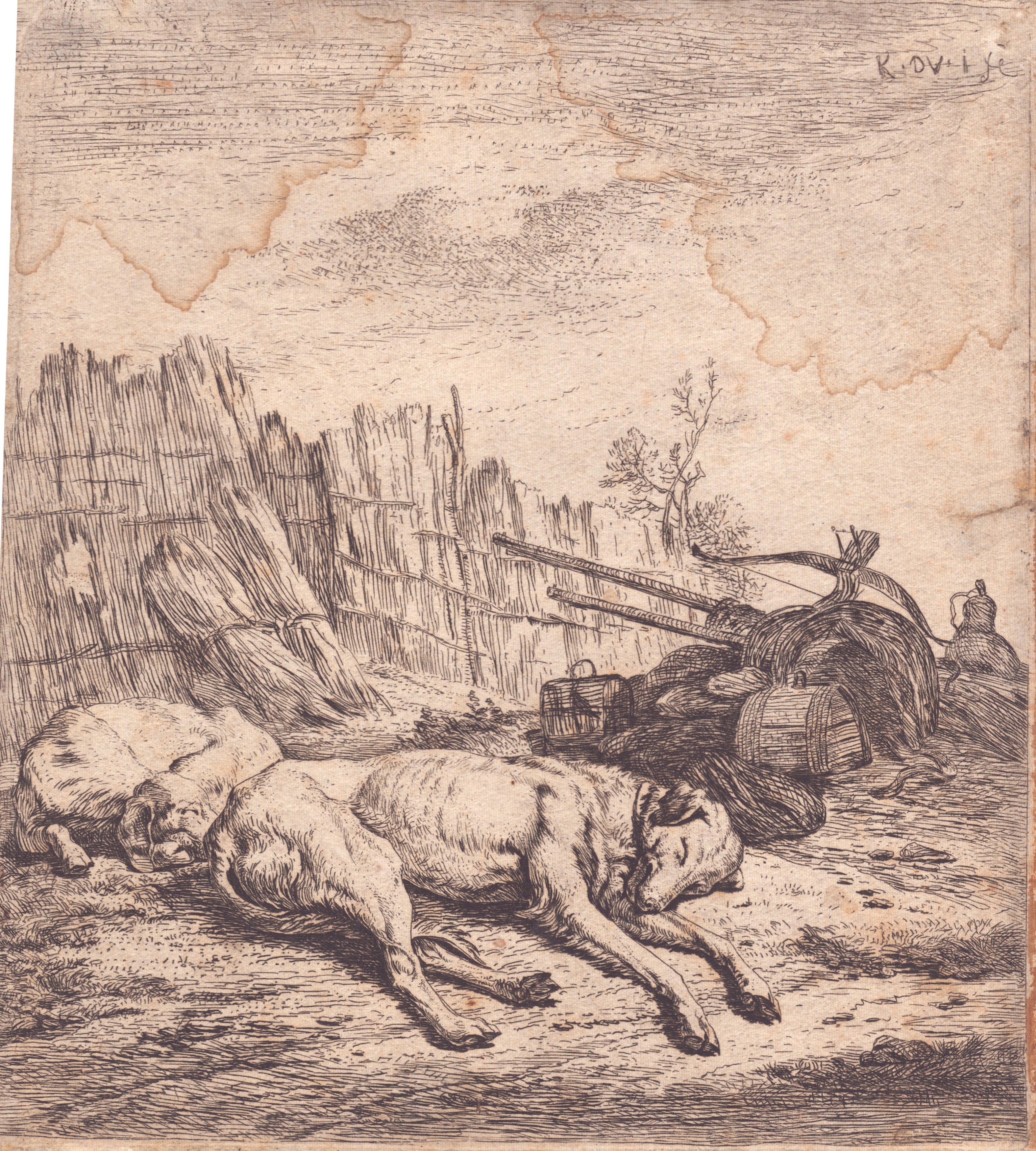 Karel Dujardin - Paesaggio con gregge e un pastore dietro un albero e Cani da caccia dormienti, a...
