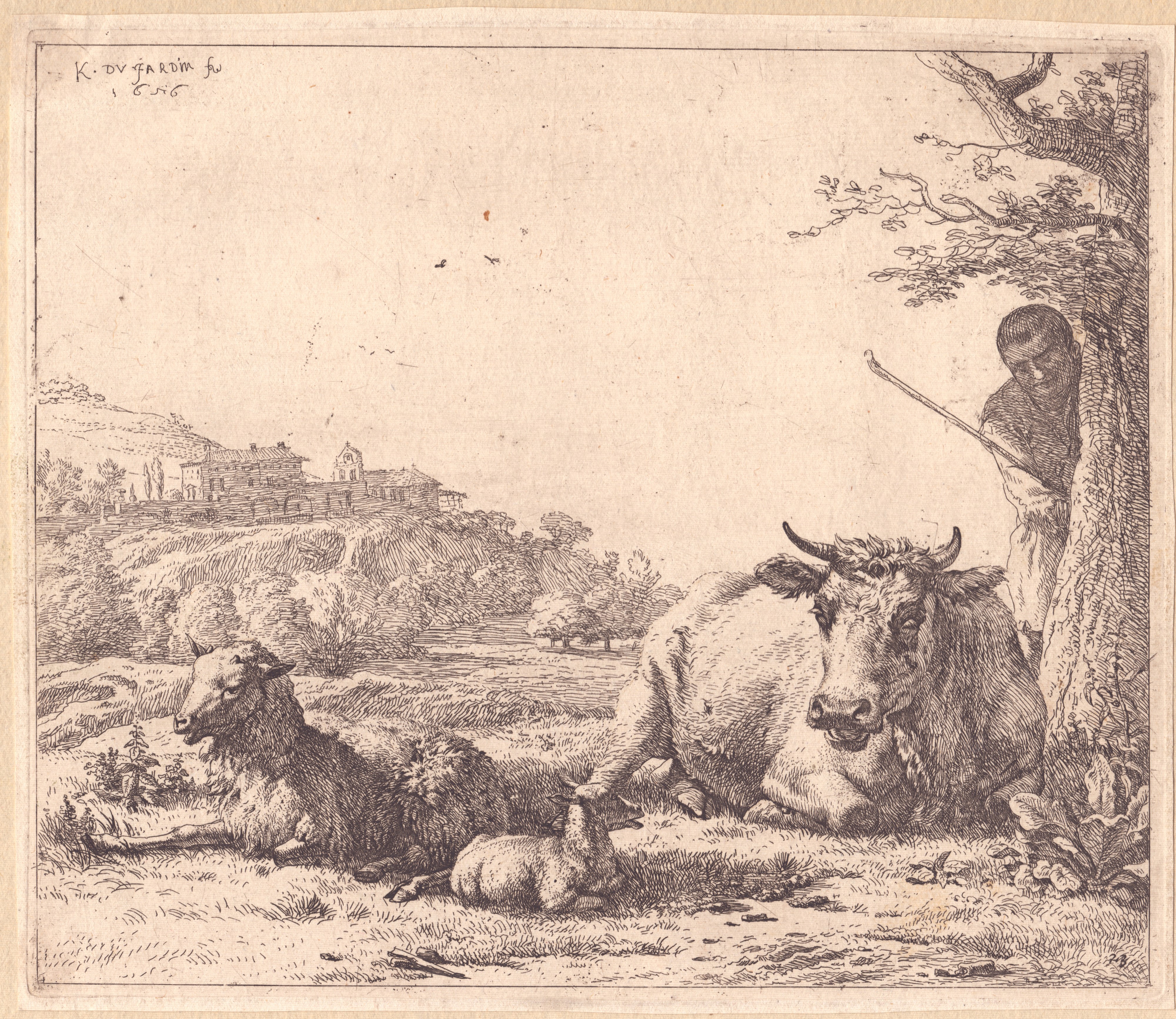 Karel Dujardin - Paesaggio con gregge e un pastore dietro un albero e Cani da caccia dormienti, a...