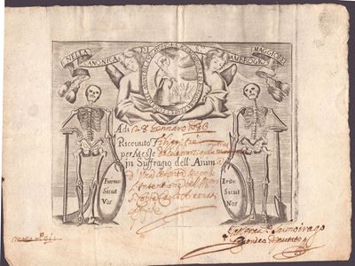 Incisore anonimo del XVII secolo, Foglio volante per una messa in suffragio nella basilica di ant...