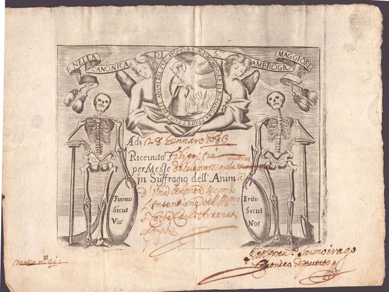 Incisore anonimo del XVII secolo, Foglio volante per una messa in suffragio nella basilica di ant...