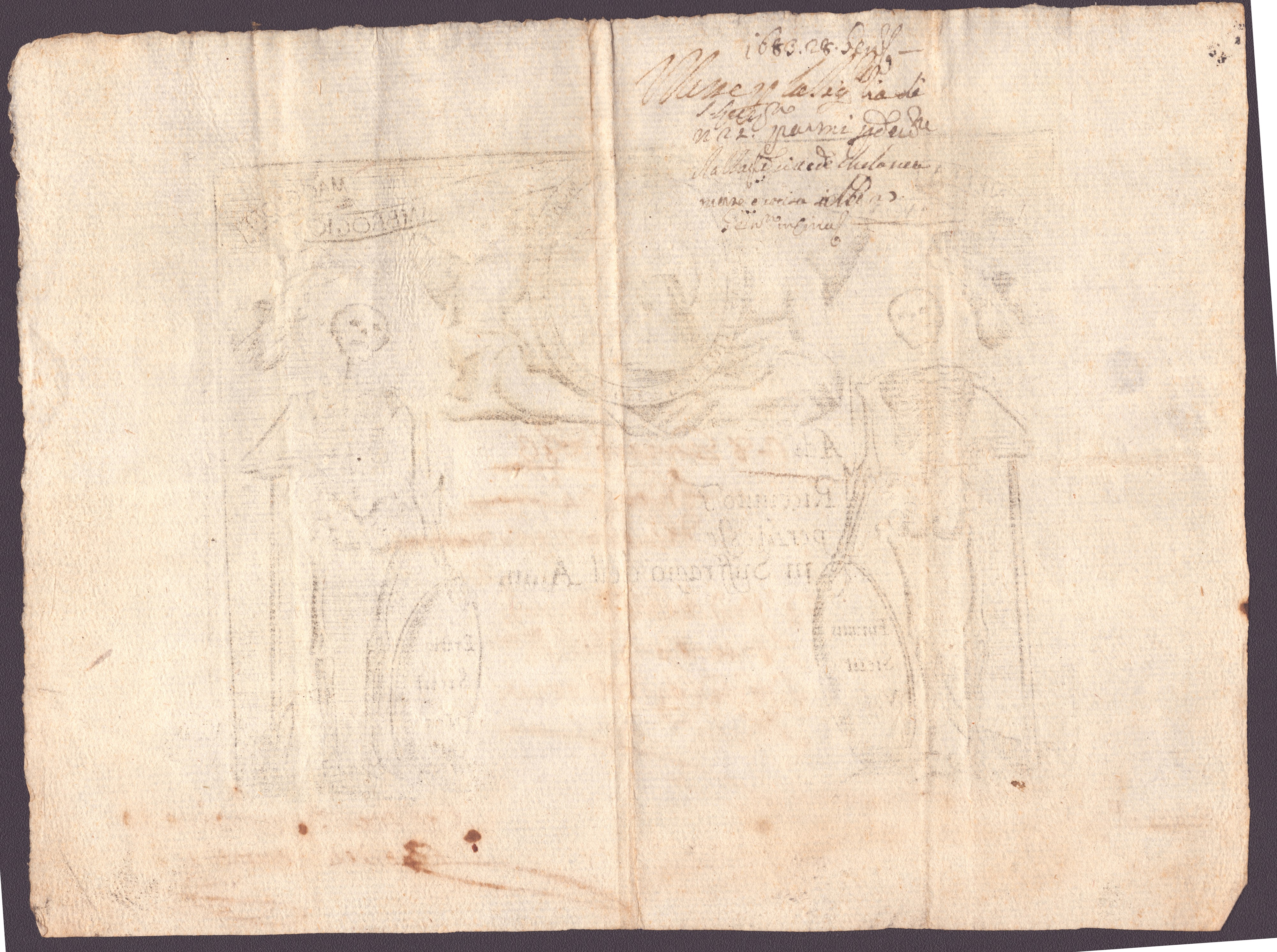 Incisore anonimo del XVII secolo, Foglio volante per una messa in suffragio nella basilica di ant...