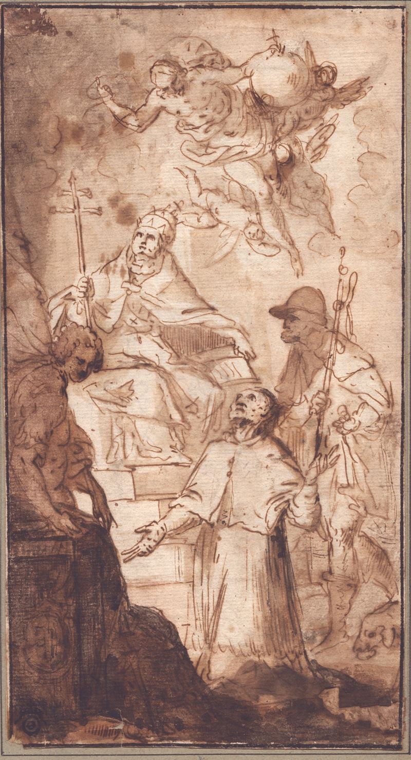 Scuola veneta del XVII secolo, Scena con un cardinale inginocchiato e il papa in adorazione, inch...