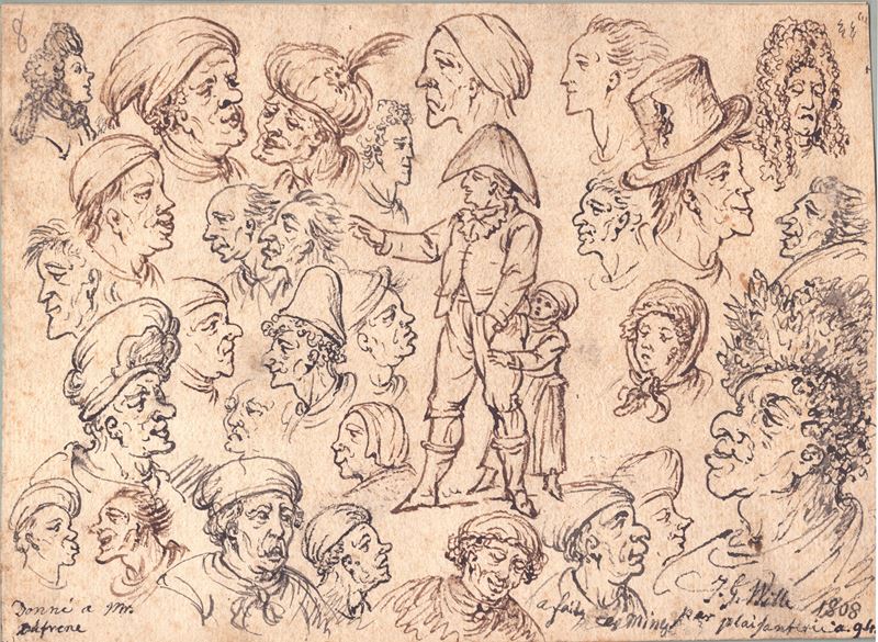 Johan Georg Wille - Studi per teste grottesche, inchiostro bruno e nero su carta