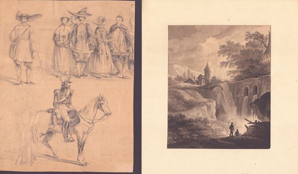 ndscape with Waterfalls | Sketches of a Gendarme and Villagers | Family in the Mountains