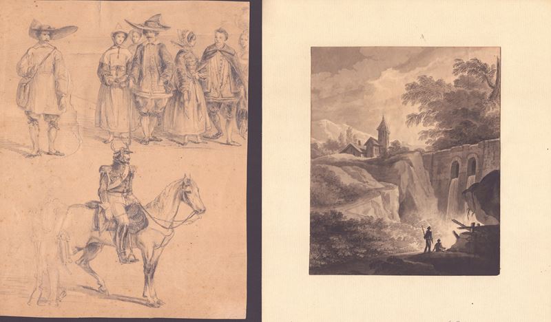 Scuola bolognese del XIX secolo, Paesaggio con cascate; Scuola francese del XIX secolo, Schizzi d...