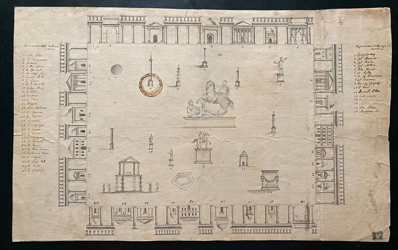 Progetto per un cortile con obelischi e sculture, inchiostro e acquarello su carta, Italia, XVII ...