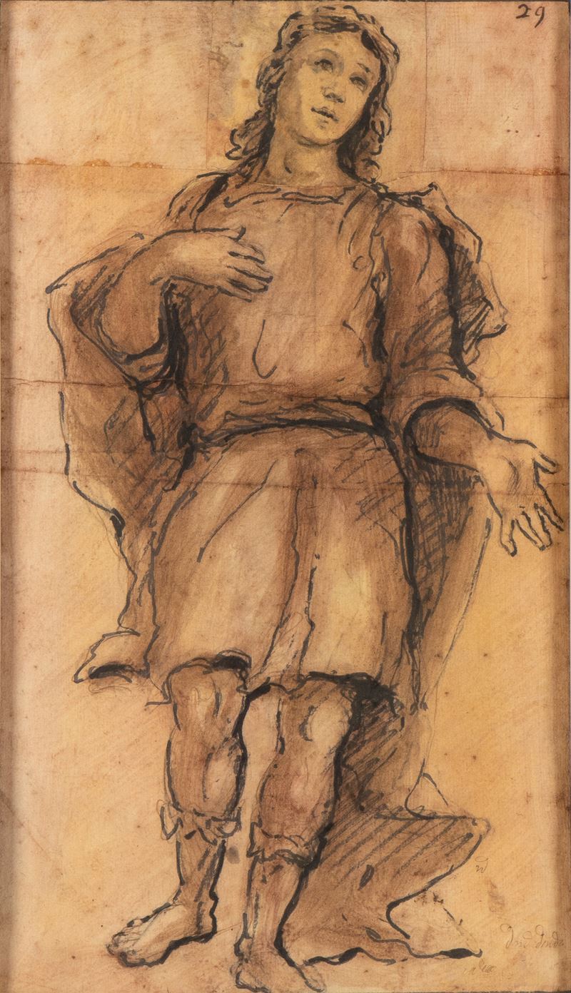 Anonimo artista italiano, Studio per un arcangelo, inchiostro e acquerello su carta