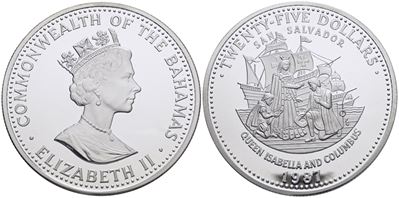 Bahamas. 25 Dollari 1987. Cristoforo Colombo. Ag. 136,08gr. Km 118 Fdc