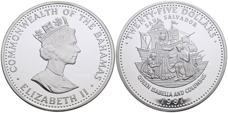 Bahamas. 25 Dollari 1987. Cristoforo Colombo. Ag. 136,08gr. Km 118 Fdc