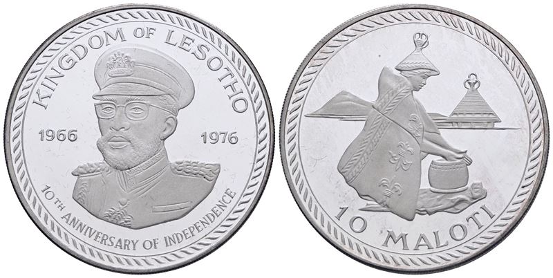 Lesotho. 10 Maloti 1976. Ag, 25gr. Km 13 in Astuccio Blu Originale.