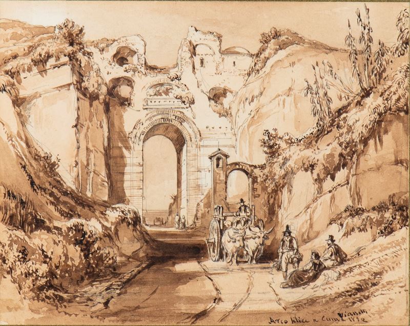 Achille Vianelli - Arco Felice a Cuma, inchiostro e acquerello su carta, 1852