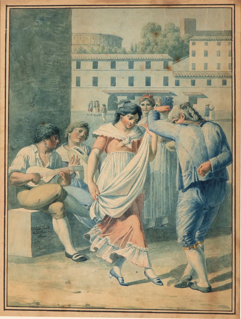Filippo Giuntotardi - Scena di danza con suonatori di violino, acquerello su carta vergata