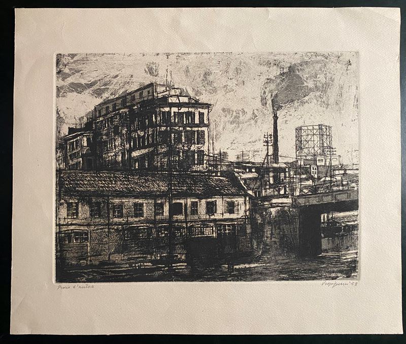 Renzo Vespignani - Periferia, acquaforte, 1953