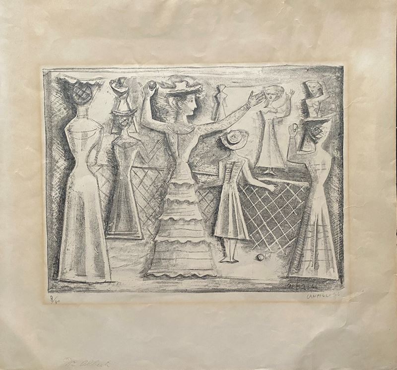 Massimo Campigli - Il gioco della palla, litografia, 1944