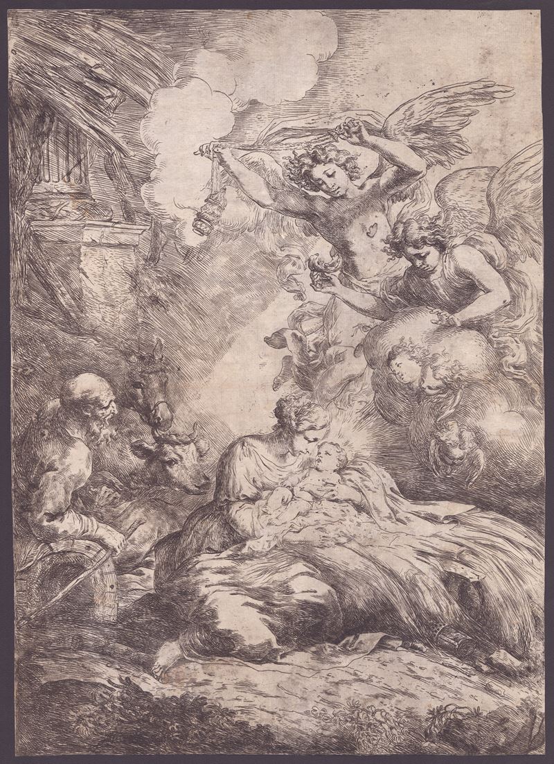 Bartolomeo Biscaino - La Natività con gli angeli, acquaforte