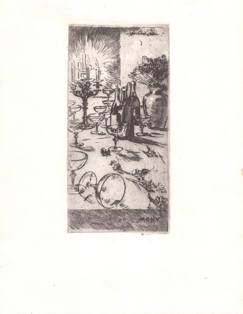 Luigi Conconi - Menu, acquaforte ritoccata con biacca