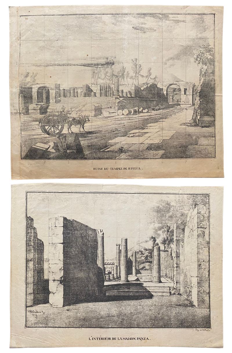 Wilhelm Jacob Hüber - L'Intérieur de la maison Panza | Ruine du Temple de Iupiter, litografia