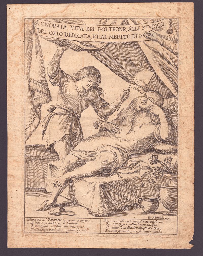 Giuseppe Maria Mitelli - L'onorata vita del poltrone, acquaforte del 1683
