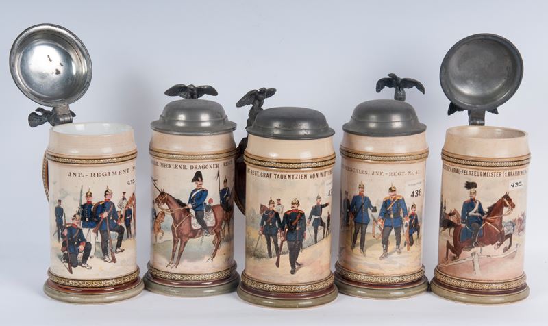 Boccale del riservista, ceramica policroma con coperchio in peltro, primo quarto del XX secolo
