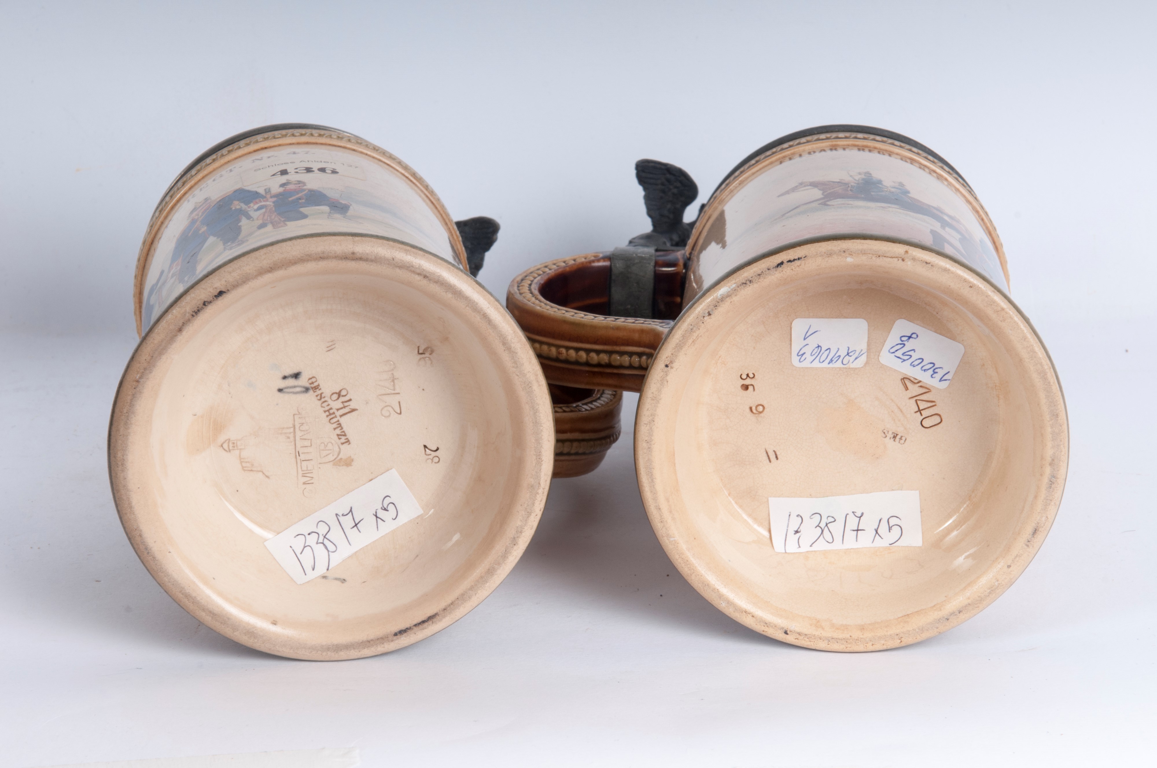 Boccale del riservista, ceramica policroma con coperchio in peltro, primo quarto del XX secolo