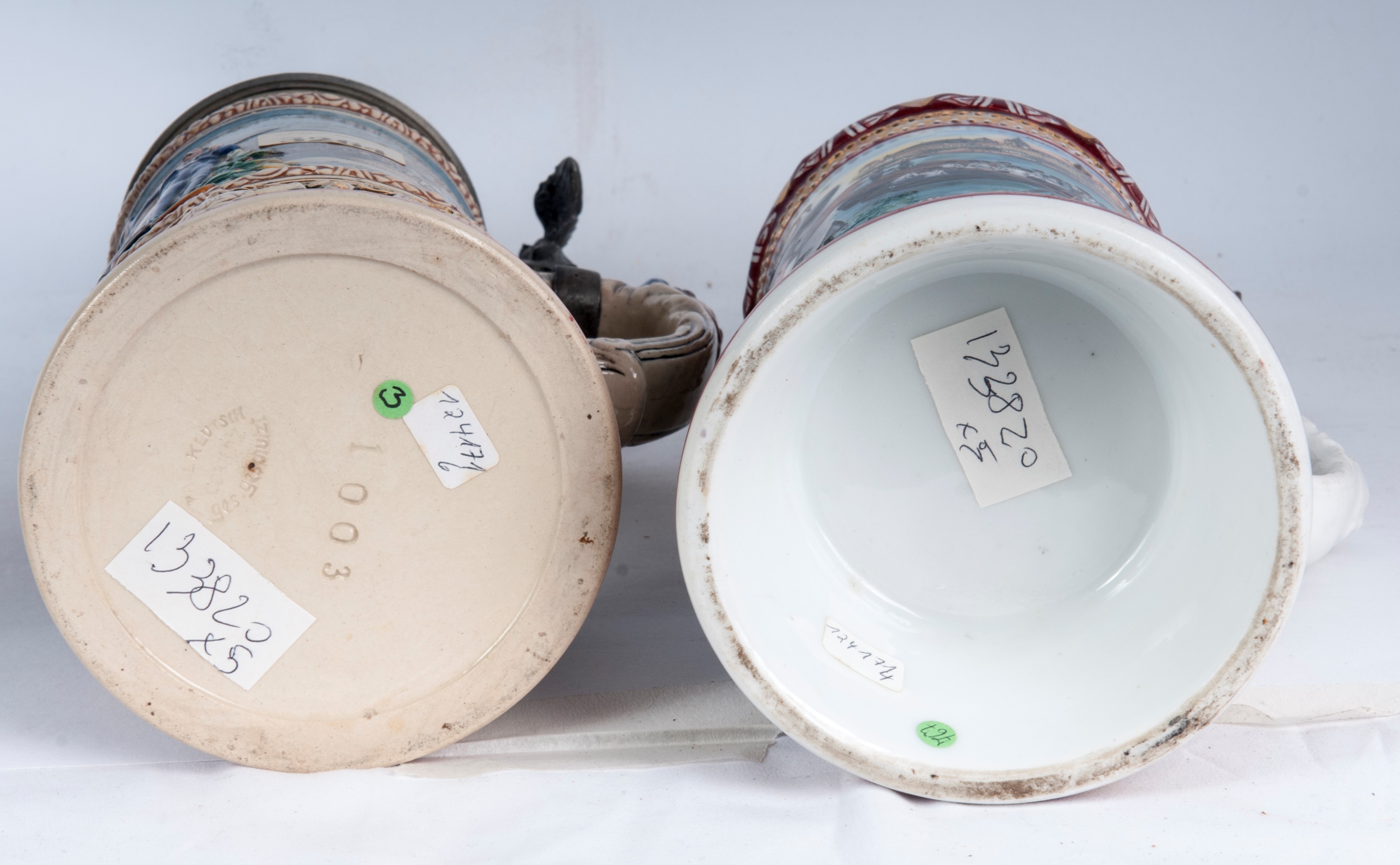 Boccale del riservista, lotto di cinque, ceramica policroma con coperchio in peltro