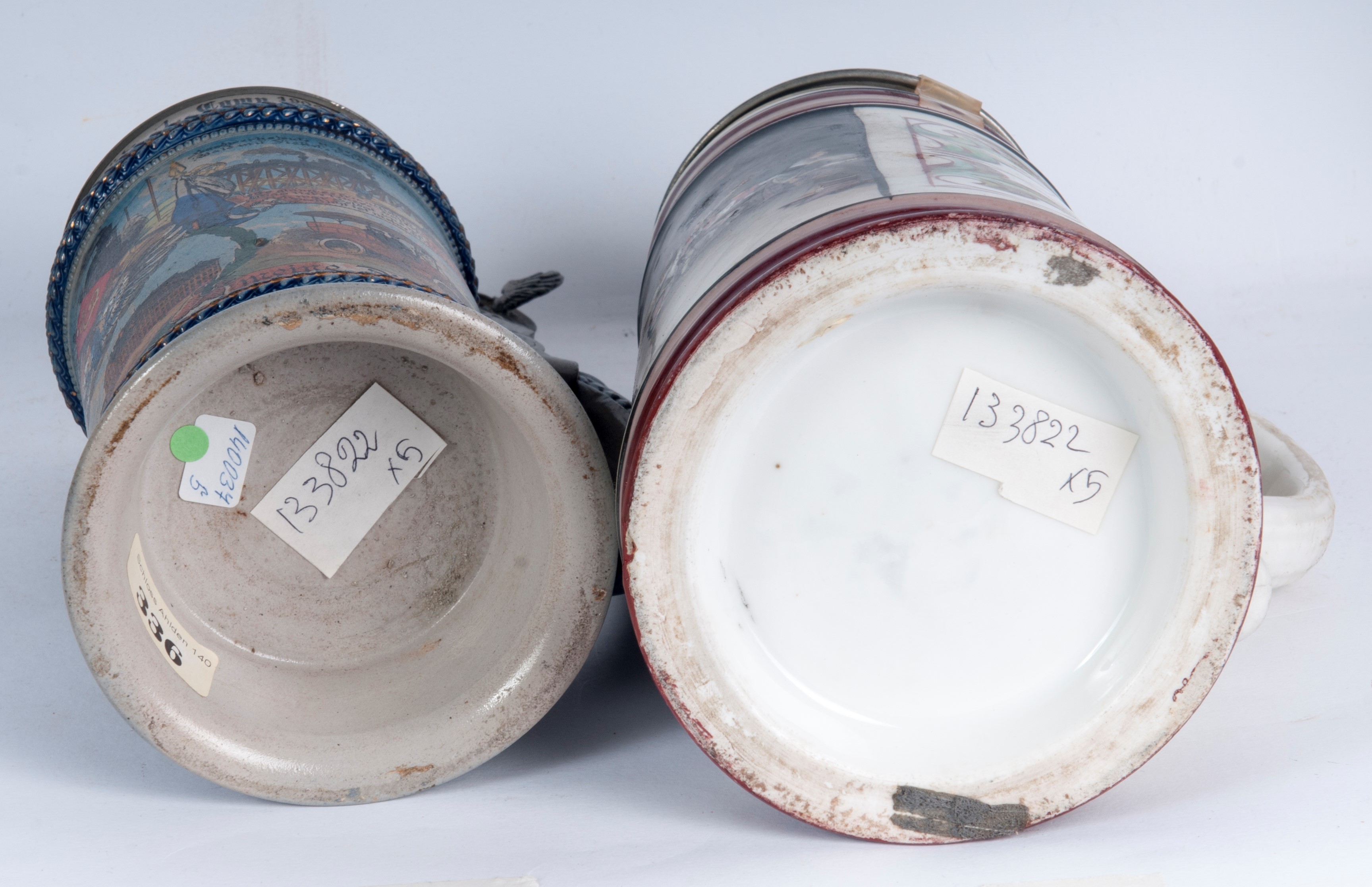 Boccale del riservista, lotto di cinque, ceramica policroma con coperchio in peltro e cristallo