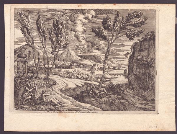 Paesaggio con colline, fiume e tre figure