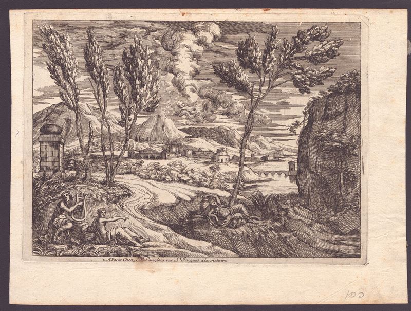 Incisore anonimo del XVII secolo, Paesaggio con colline, fiume e tre figure