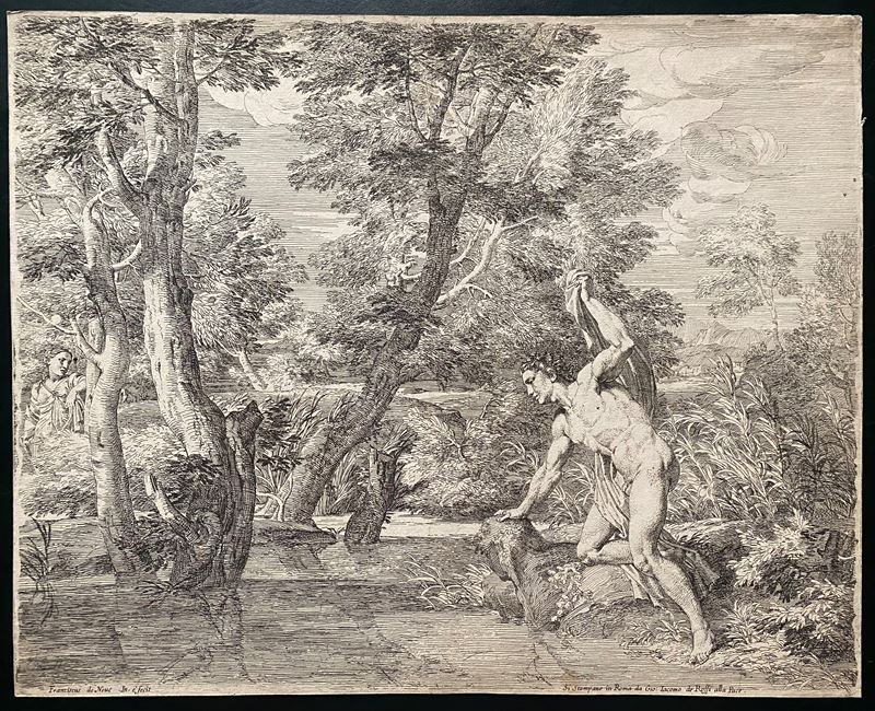 Franciscus De Neve - Paesaggio con Narciso che si specchia nell’acqua, acquaforte
