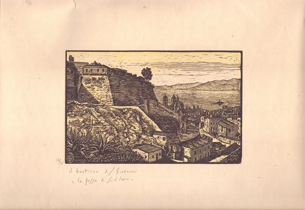 Raffaele Angelo Oppo : Il bastione di S. Giovanni e la fossa di S. Elmo (Valletta)  (1944)  - Asta STAMPE E DISEGNI DAL XV AL XX SECOLO	 - Bertolami Fine Art - Casa d'Aste